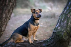 Kleiner Hund posiert auf einem Baumstamm
